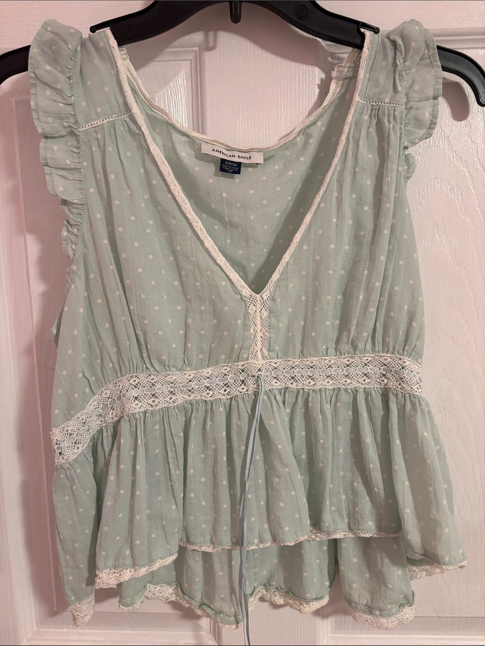American Eagle Outfitters Mint Green Polka Dot Lace-Trim Peplum Camisole